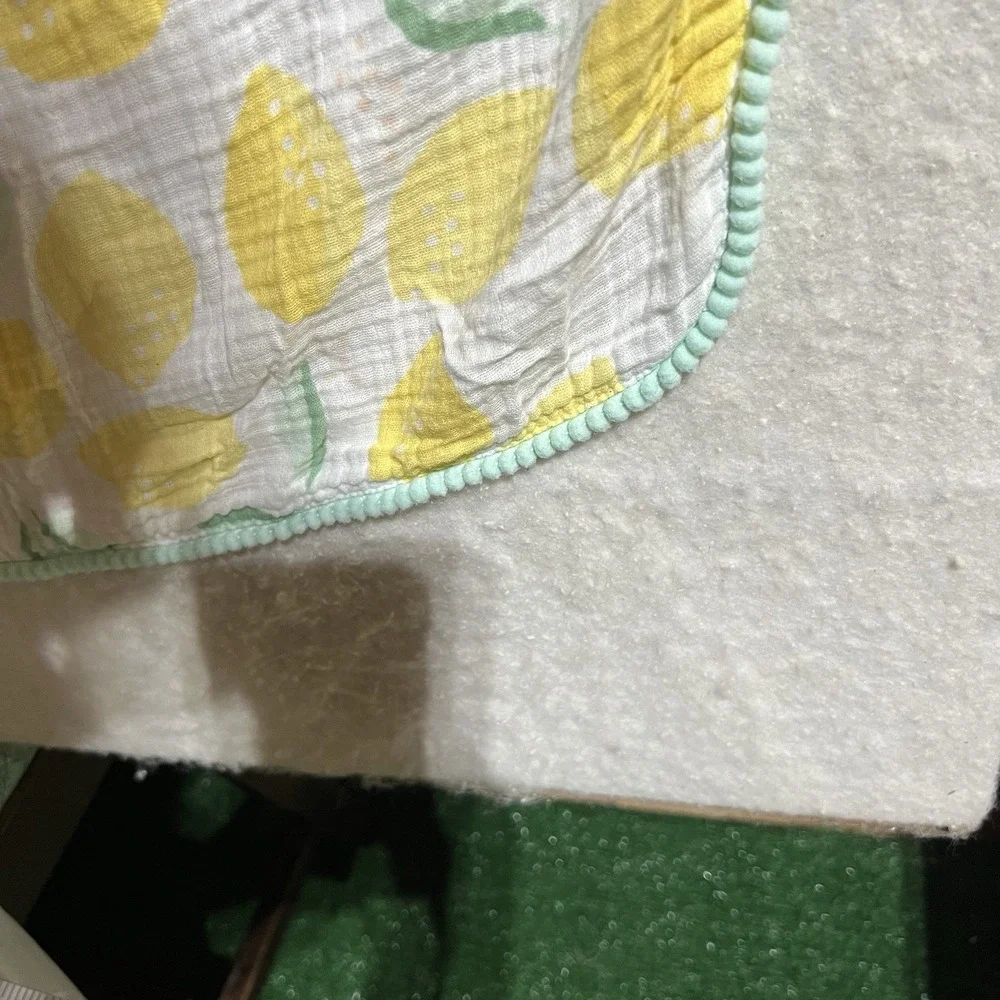 Muslin Baby Swaddle Blanket Yellow Lemon Print Mint Pom Pom Trim Cotton Gauze